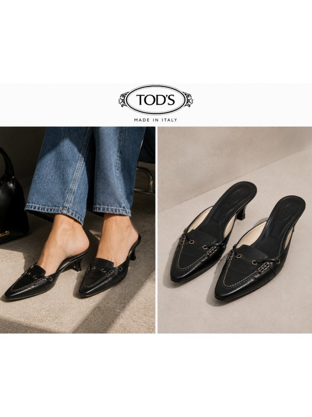 Tod’s Women’s Black Leather Pointed Toe Kitten Heel Mule Loafers Size 7.5